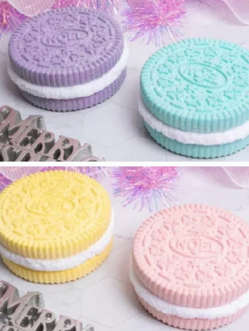 Christmas Noel Glitter Sandwich Cookie Ornaments Set of 4 Candyland Pastels